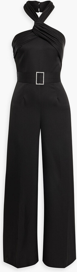 Halston Kani crystal-embellished satin-crepe wide-leg halterneck jumpsuit
