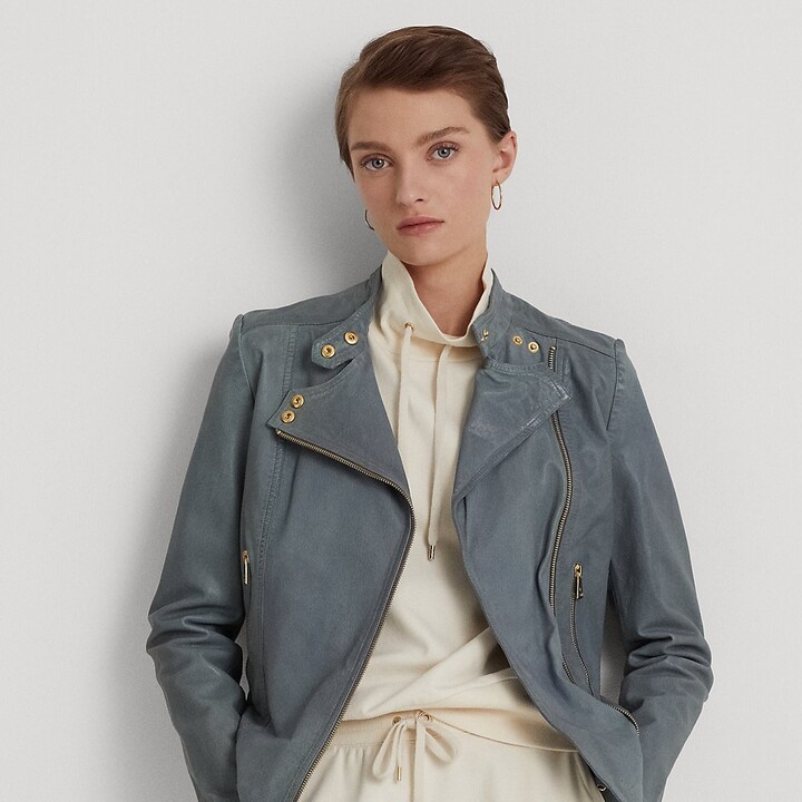 Womens Blue Leather Moto Jacket | ShopStyle