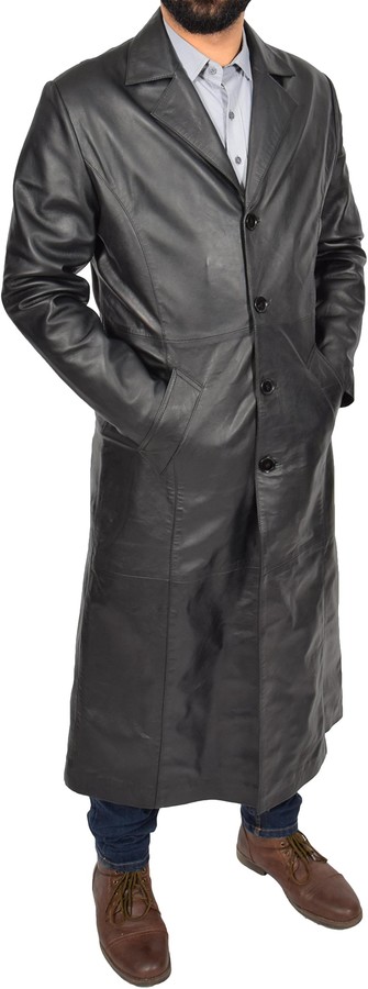 A1 FASHION GOODS Mens Full Length Leather Coat Black Long Double Breasted Trench Overcoat Terry 