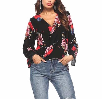 Micoop Womens V Neck Long Bell Sleeve Floral Print Premium Chiffon Blouse Dip Hem Casual Loose Shirt (Black S)