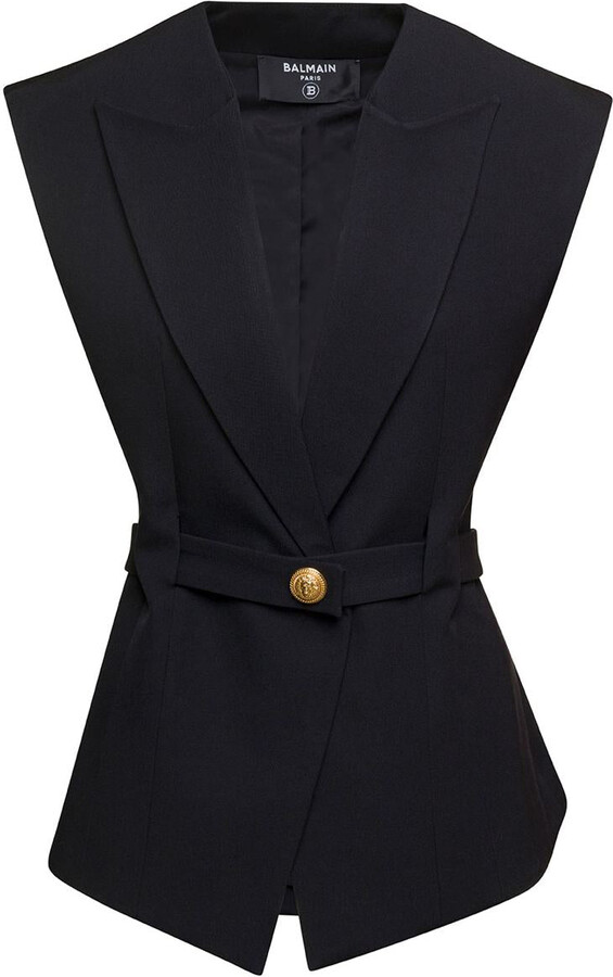 Balmain Black Belted Vest with Jewel Button in Wool Woman ShopStyle