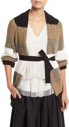Brunello Cucinelli Open-Front Belted Coated Linen-Silk Cardigan with Metallic
