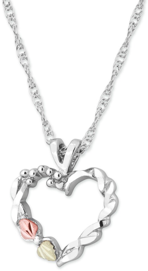 Black Hills Gold Heart Pendant 18" Necklace in Sterling Silver with 12k Rose and Green Gold