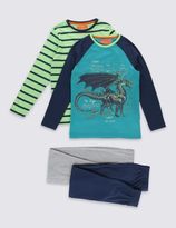 Thumbnail for your product : Marks and Spencer 2 Pack Dragon Print & Striped Pyjamas (6-16 Years)