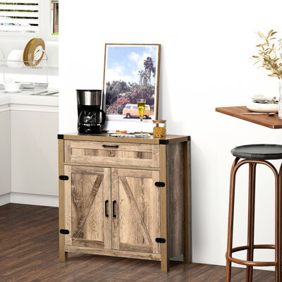 Oak Industrial Storage Cabinet, Accent Buffet With Drawer And Adjustable Shelf Wooden Sideboard Cabinet Barn Door Countertop, Particleboard For Bottle