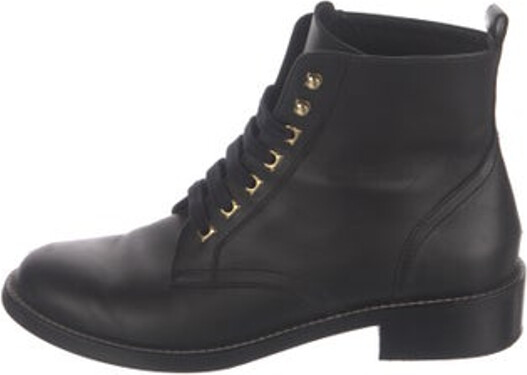 Ferragamo Leather Ankle Combat Boots Black Round-Toes Lace-Up Closure at Uppers Designer