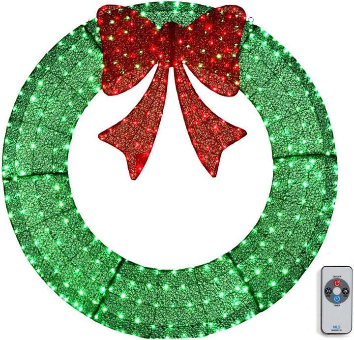 Karl home 48 in. Green Pre-Lit LED Outdoor Artificial Christmas Wreath with 315 Lights and Red Bow