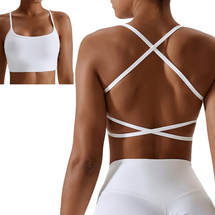 NIBESSER Sports Bra for Women V-Neck Sexy Cross Back Strappy Bra Padded  Wireless Seamless Shapewear Wrap Yoga Crop Top Workout Fitness Medium to  Low Impact Sports Vest for Gym White S 