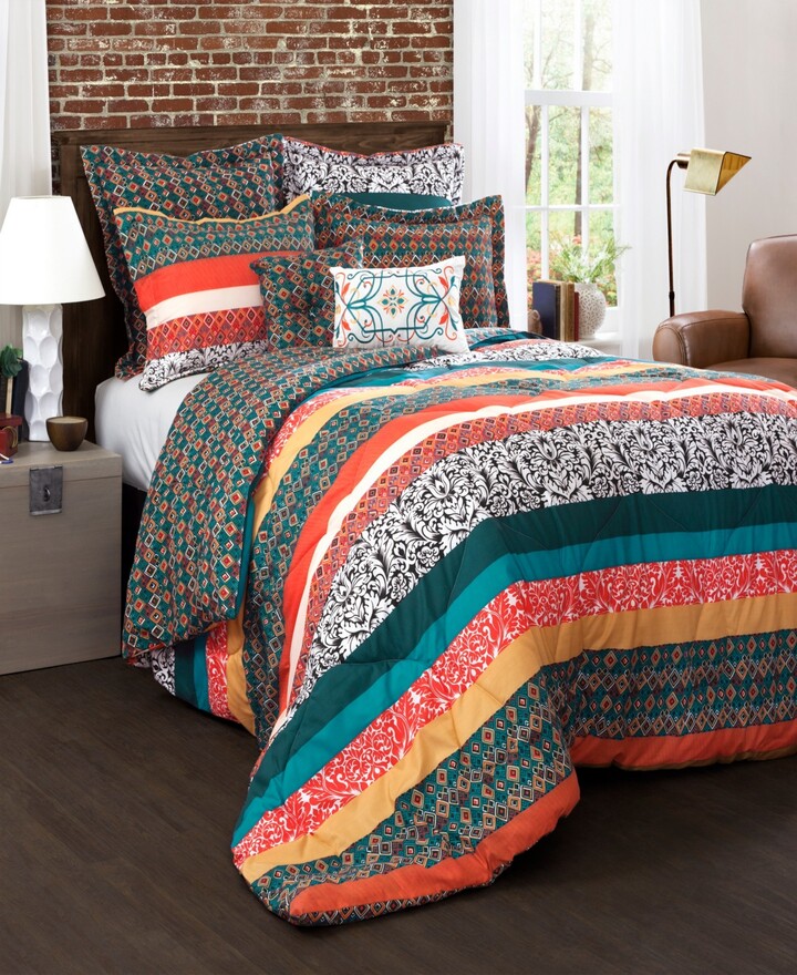 Capri Cotton Bohemian Queen 3 Pc Quilt Set Multicolor Floral Strip Bedspread VHC 