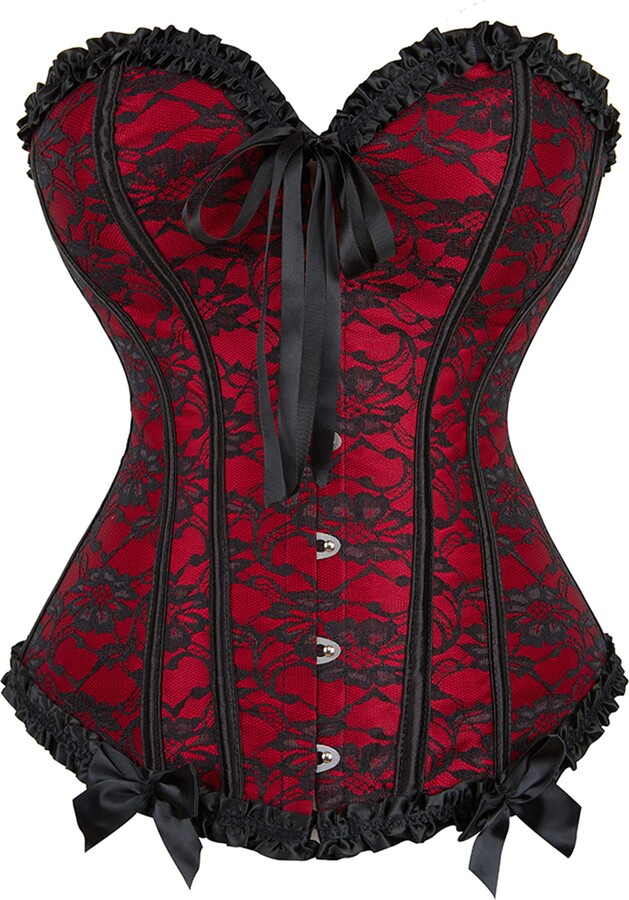 Moessa Corset Top Bustier Women's Overbust Satin Floral Lace up Trim