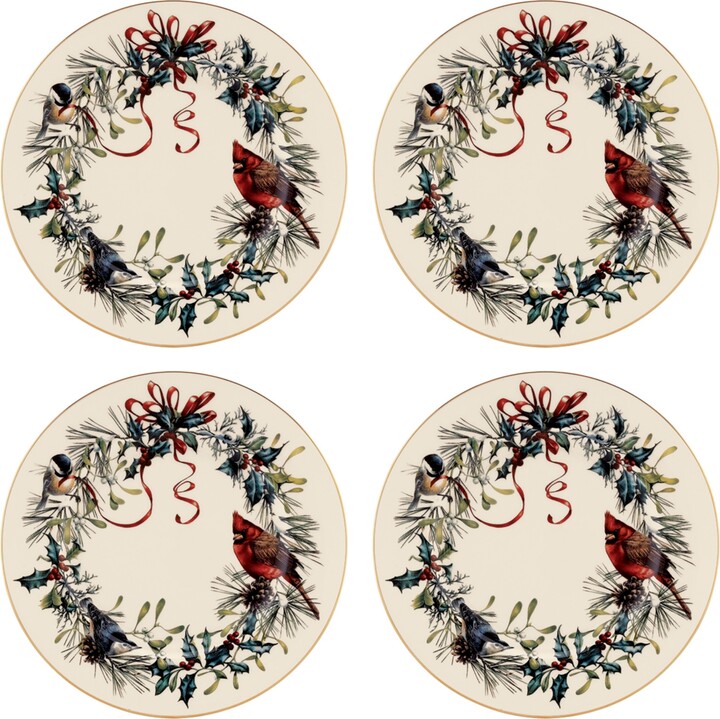 Lenox Winter Greetings Salad Plates Set of 4 - Red Green and Ivory