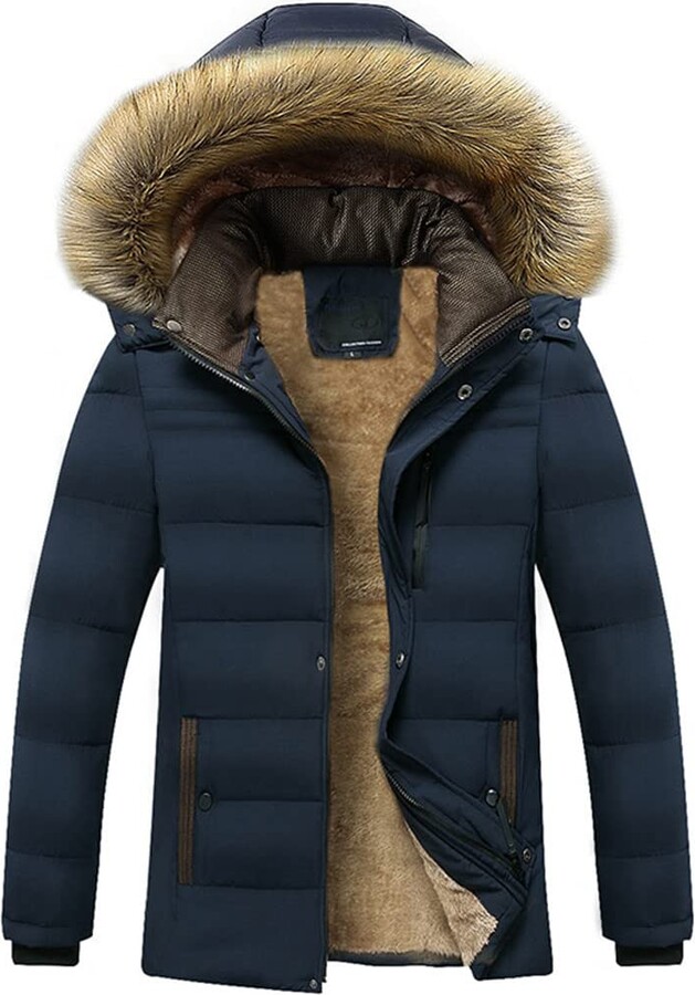 Pegsmio Winter Warm Thick Fleece Men Hooded Fur Collar Parka