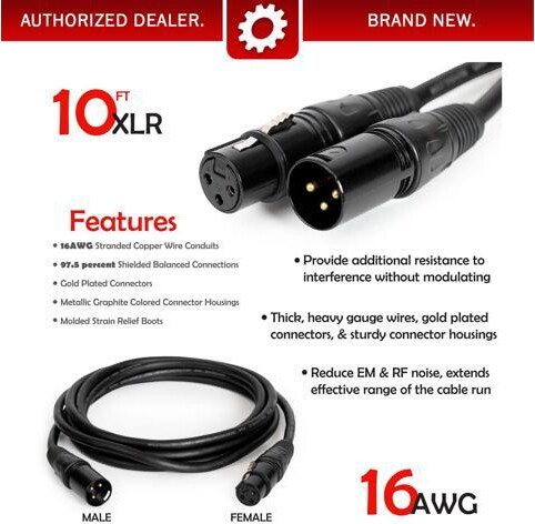 Deco Gear XLR 10' Male to XLR Female 16AWG Gold Plated Cable