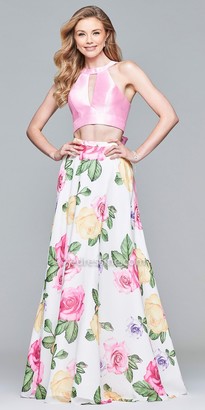Faviana Two Piece Keyhole Open Back Floral Prom Dress