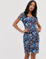 Thumbnail for your product : Paper Dolls short sleeve floral and strip lace print midi pencil dress