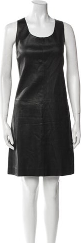 Vince Leather Shift Dress Black Leather Trim Embellishment Sleeveless with Scoop Neck Concealed Zip Closure at Back