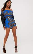 Thumbnail for your product : PrettyLittleThing Blue Scarf Printed Bardot Playsuit