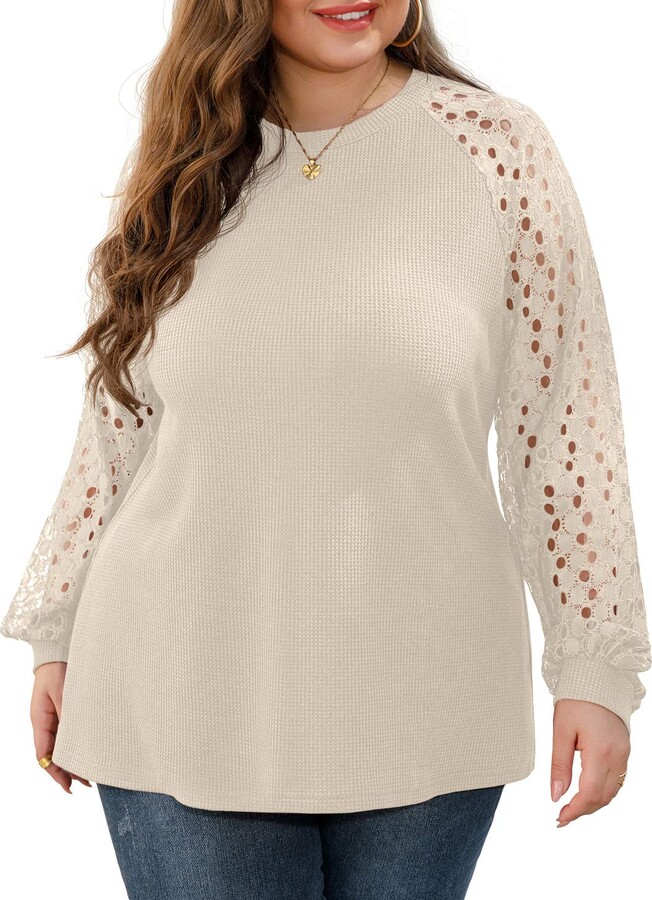 OLRIK Plus Size Tops for Women Lace Sleeve Blouse Waffle Knit Long
