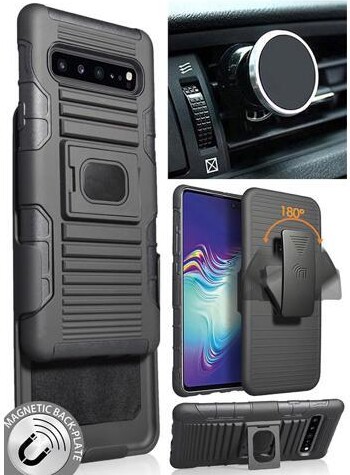 Nakedcellphone Black Rugged Case Belt Clip Magnetic Car Mount for Samsung Galaxy S10 5G SM-G977