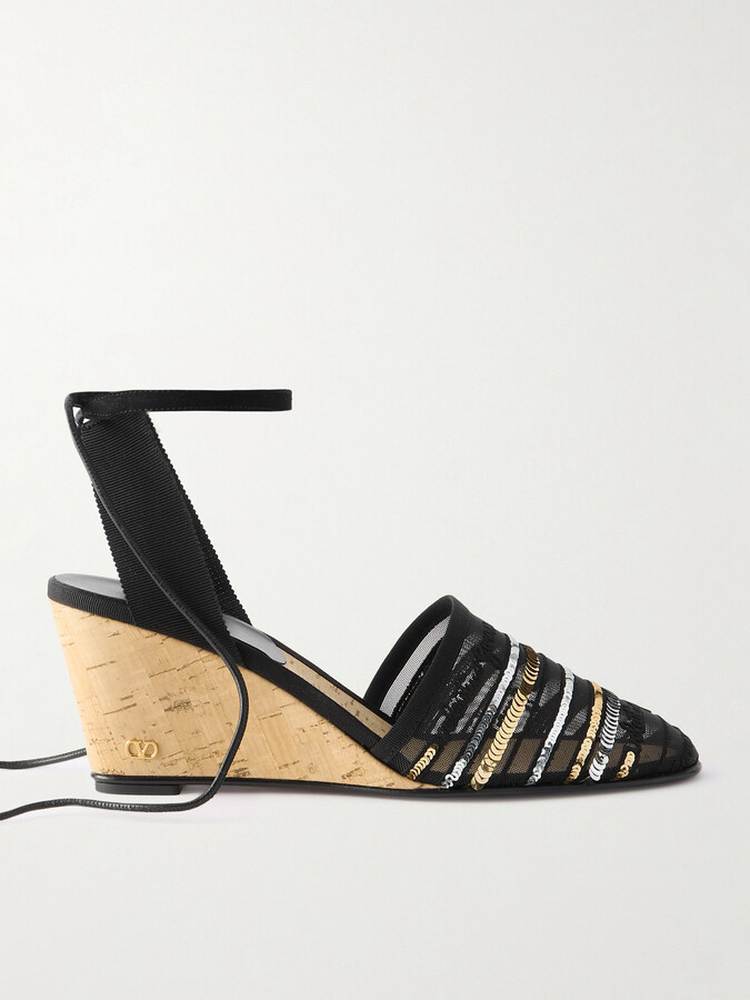 Valentino Garavani La Cruisette 75 Tasseled Sequin-embellished Embroidered Mesh Wedges - Black