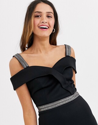 Lipsy scuba ruffle hem midi dress with embellished trim details in black