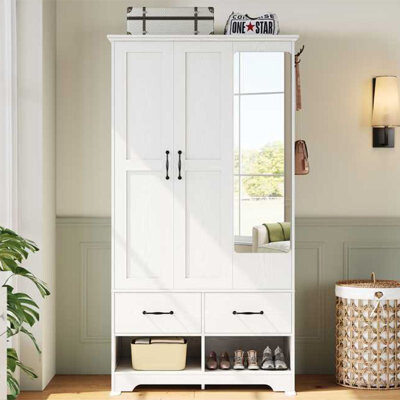 Lark Manor 3-door Solid Wood Armoire With Mirror 2 Drawers 2 Shoe Racks 35.4\