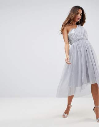 ASOS Design PREMIUM Crystal Bodice Tulle One Shoulder Midi Prom Dress