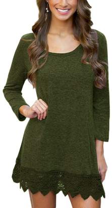 MiYang Women's Long Sleeve A-line Lace Stitching Trim Casual Dress XL Green