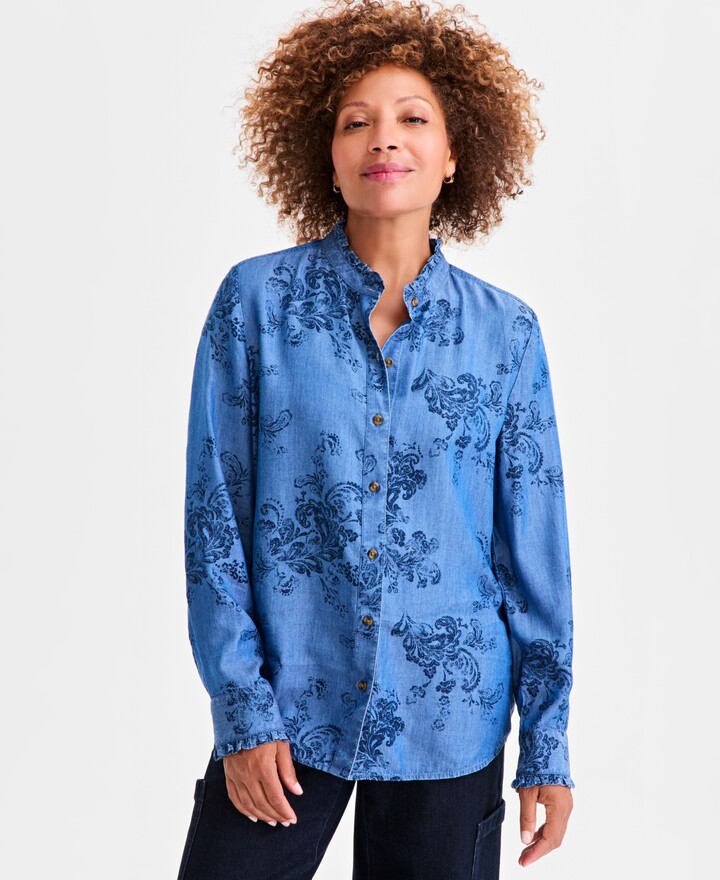 Style&Co. Style & Co Women's Printed Denim Button-Front Shirt, Macy's Exclusive