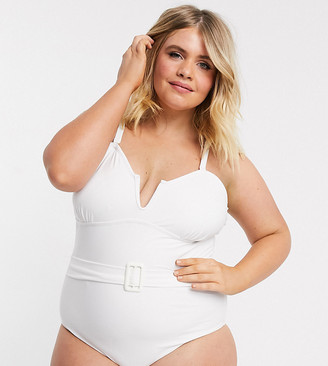 Vero Moda Curve belted strapless swimsuit in white