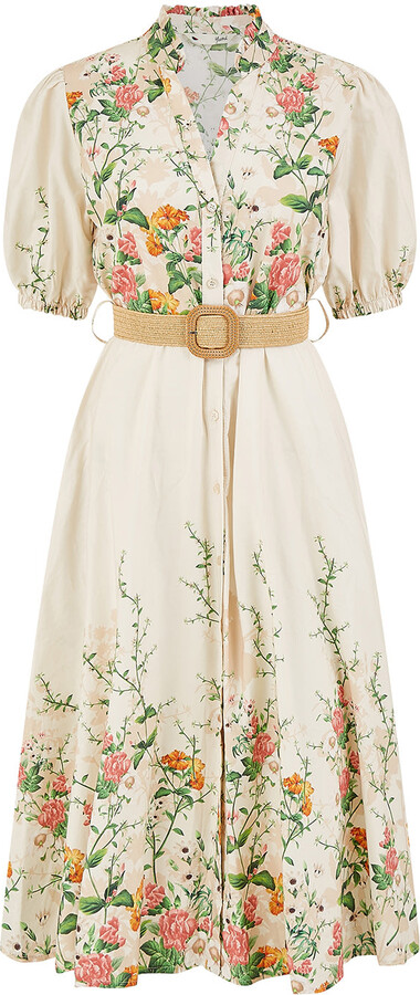 Yumi White Ivory Cotton Printed Midi Floral Placement Shirt Dress