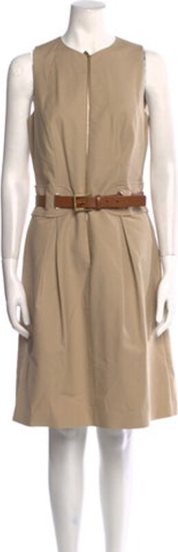 Michael Kors A-Line Dress Neutrals Pleated Accents Sleeveless with Crew Neck Exposed Zip Closure at Front Designer