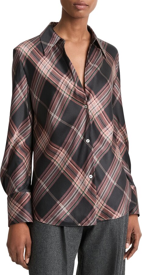 Vince Plaid Bias Silk Blouse