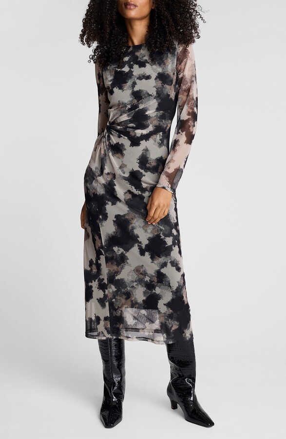 Kenneth Cole Knot Waist Long Sleeve Mesh Dress