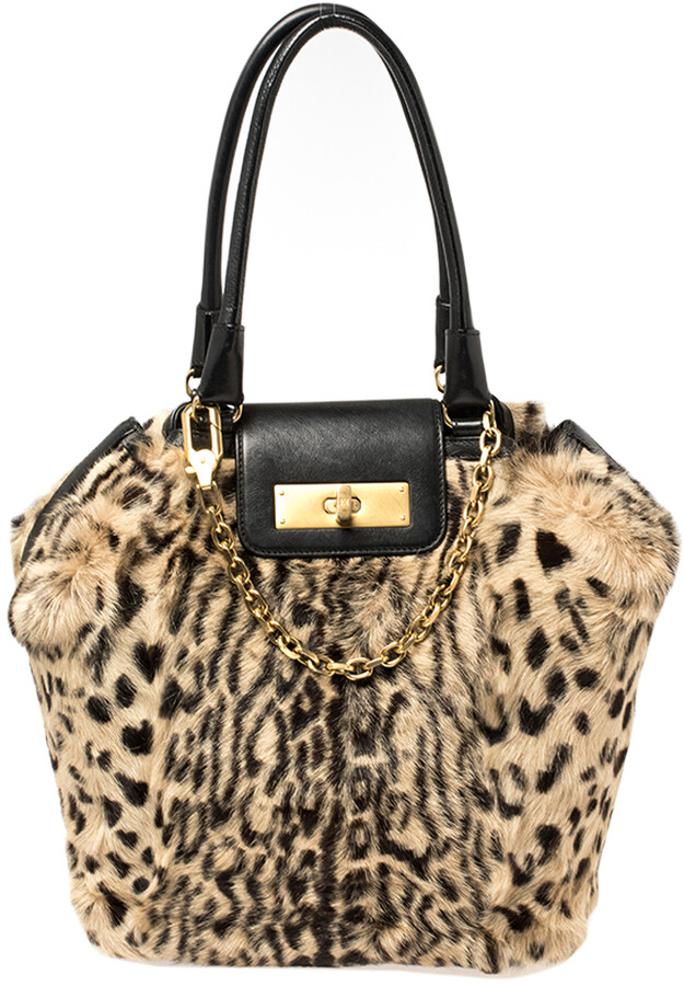Escada Black/Beige Tiger Print Faux Fur and Leather Turnlock Flap Tote ...