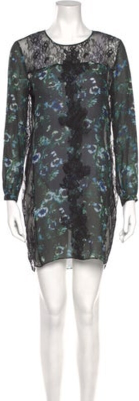 Haute Hippie Silk Shift Dress Black Printed Lace Trim Embellishment Long Sleeve with Scoop Neck Button Closure at Back Designer