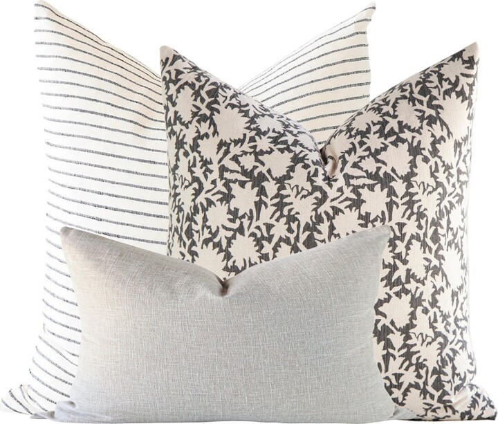 Pillow Combination Set, Block Print Pillow, Grey Linen Covers, Striped Cover, Black Floral Luxury Pillows