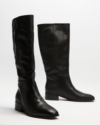 AERE Women's Black Knee-High Boots - Flat Leather Knee-High Riding Boots