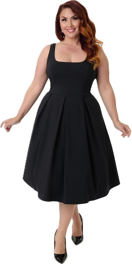 Unique Vintage Plus Size Square Neck Pleated Swing Dress