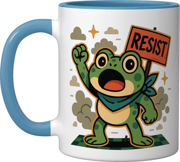 Frogs Strong Together Graphic Novelty Tees Portland Frog Protest Ceramic Mug, Blue/White