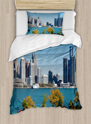 Ambesonne Detroit Duvet Cover Set, Industrial Center, Twin, Blue Green Grey