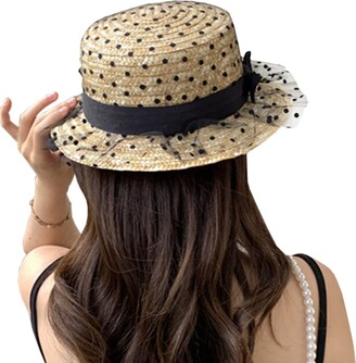 JK Home Women's Wide Brim Flat Top Summer Beach Sun Hat Straw Cap w/Cute  Bowknot Black Dot Mesh - ShopStyle