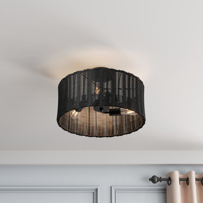 Ivy Bronx Maddyn 3-E26 Light Bulbs Rattan Handmade Woven Black Finished Dimmable Flush Mount Ceiling Light