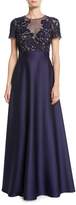 Escada Floral-Lace Bodice Full Satin Skirt Evening Gown