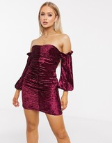 Thumbnail for your product : Chi Chi London Club L London velvet ruched mini dress in burgundy
