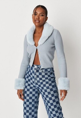 Missguided Blue Rib Faux Fur Trim Knit Cardigan - ShopStyle