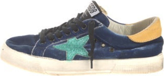 Golden Goose Velvet Low Top Sneakers Blue & Yellow Printed Leather, Embroidered, Distressed & Glitter Accents Round-Toes Lace-Up Closure at Uppers Includes Dust Bag Designer