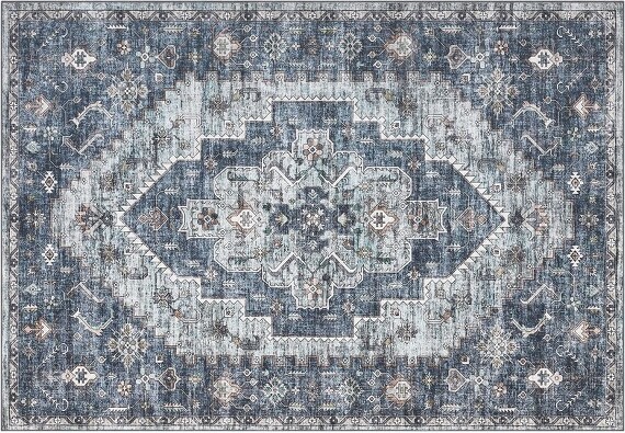 Coolmee MachineWashable5x7VintageRugNon-SlipLowPileCarpetforLivingRoomKitchen(Blue)