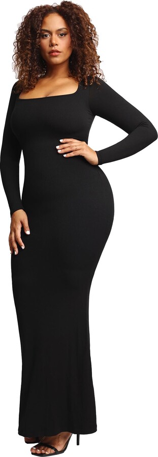 Popilush Maxi Bodycon Dress Built in Bra Bodysuit for Women Long Sleeve  Square Neck 8 in 1 Black Spaghetti Strap Dresses with Shapewear - ShopStyle