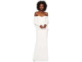 Badgley Mischka Off the Shoulder Flare Sleeve Gown in Stretch Crepe
